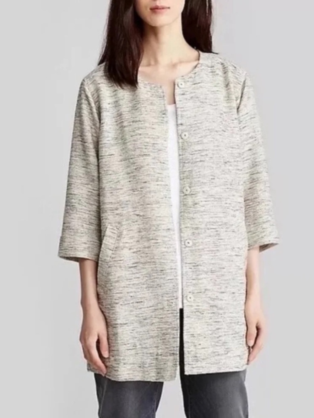 Eileen Fisher Cotton Twist Jacket Ecru Gray Tweed Coatigan Medium R5TMX